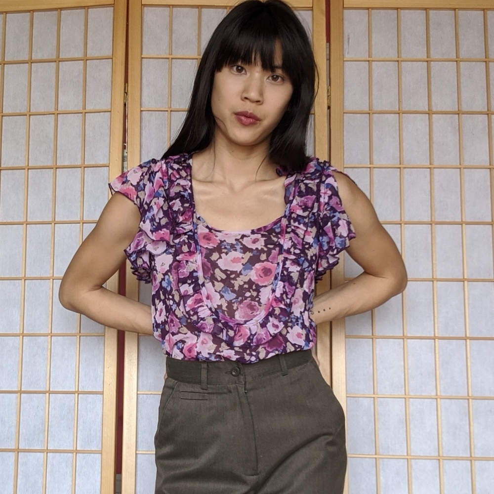 Pink and purple floral ruffle blouse